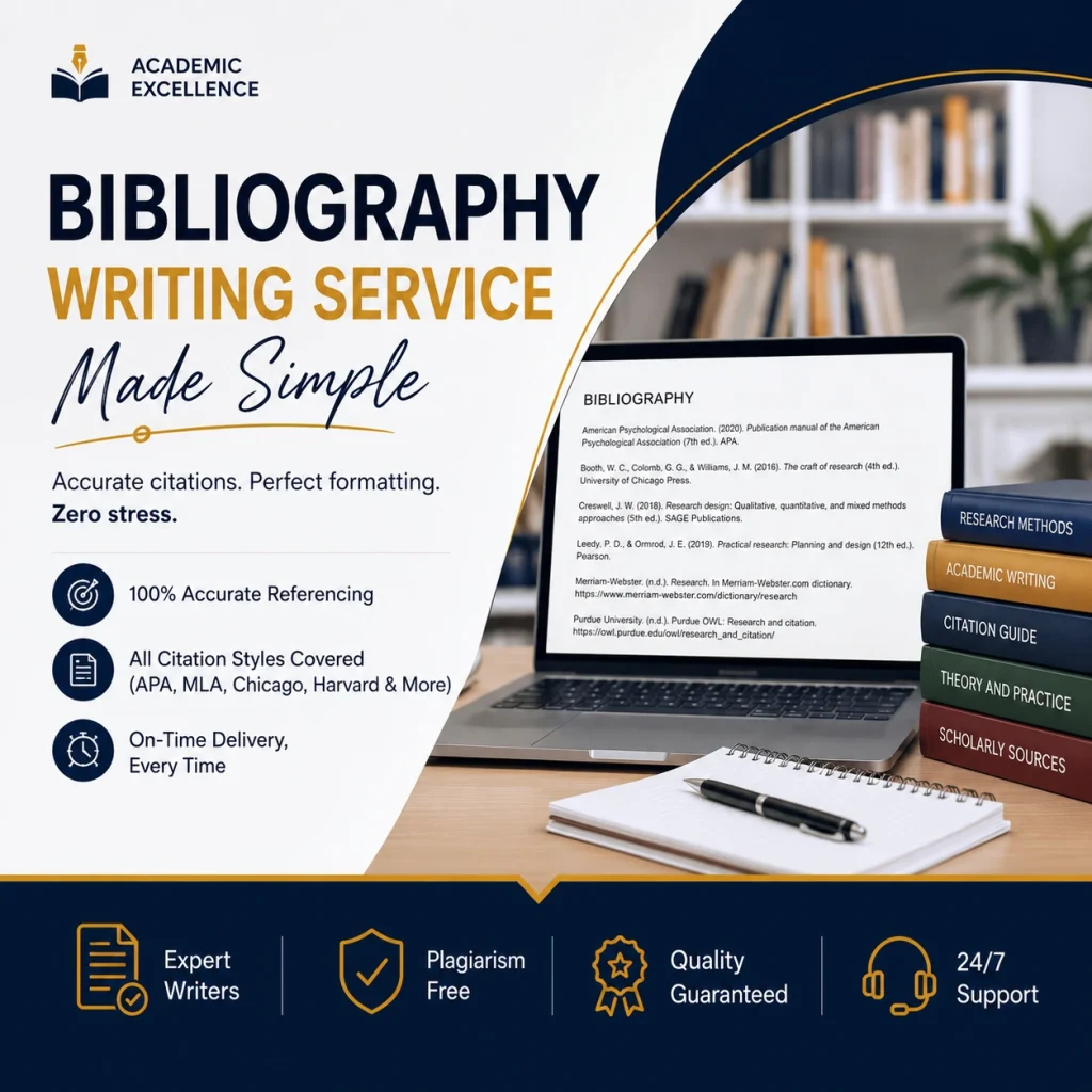 Bibliography Writing Service Made Simple banner with citation guide, laptop, and academic books.