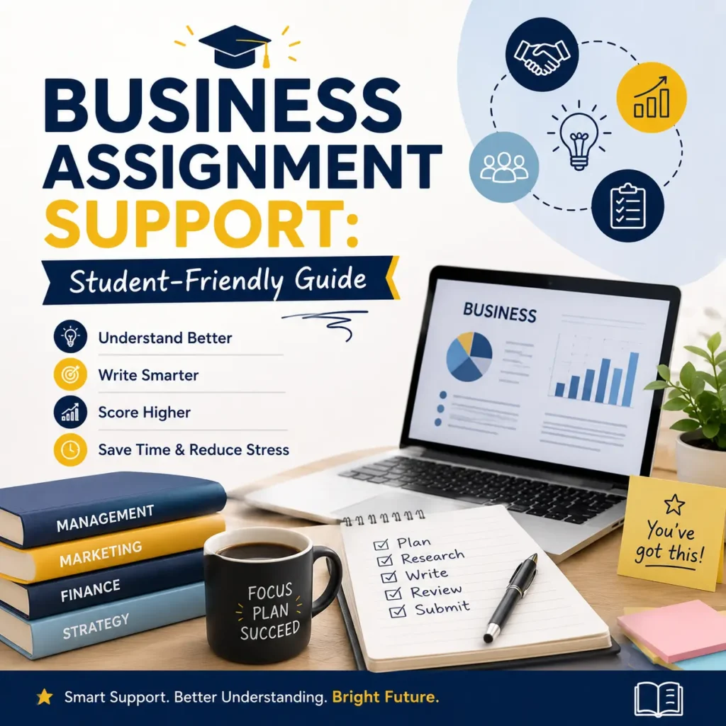 Business assignment support guide with laptop, study materials, business charts, and academic planning resources for students.