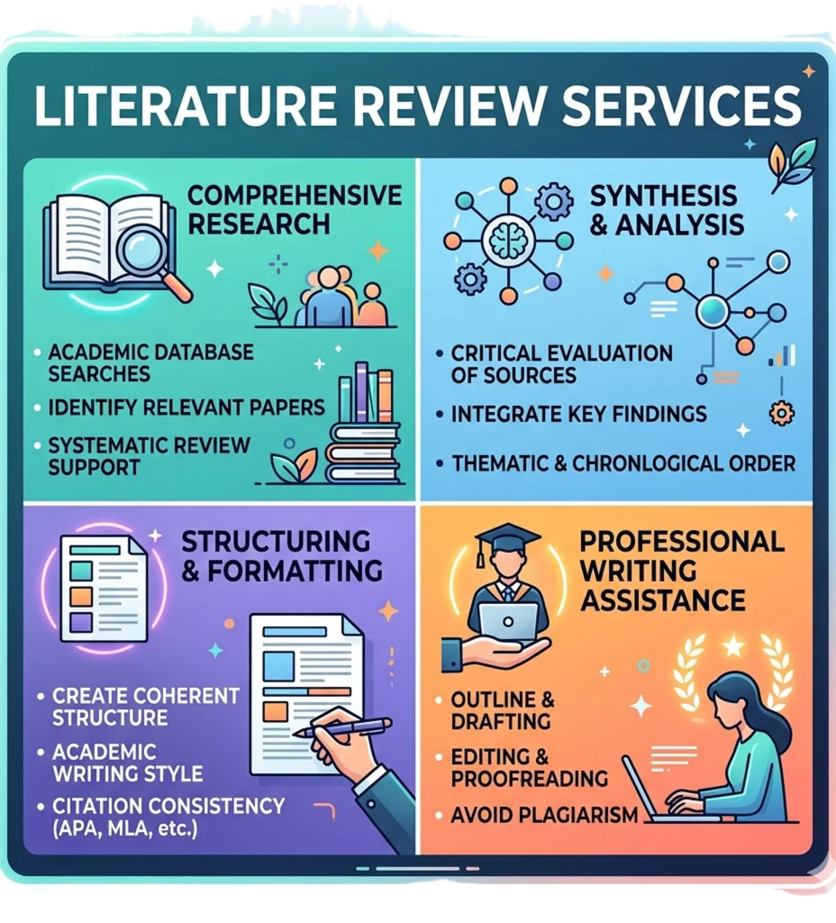 Infographic breaking down literature review services into research, analysis, formatting, and writing support.