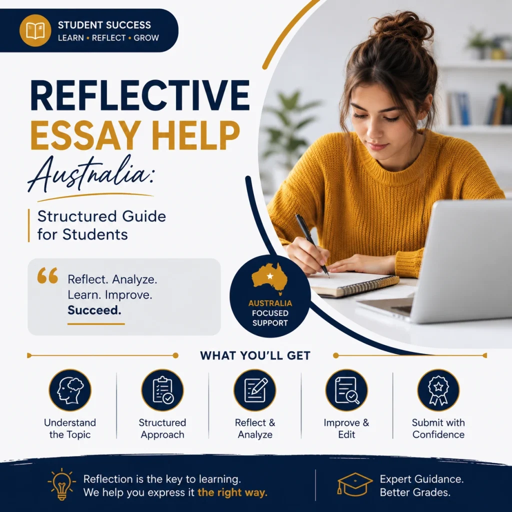 Reflective Essay Help Australia guide featuring a student writing with structured academic support.