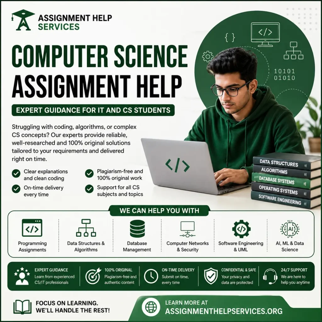 Student working on a laptop with Computer Science Assignment Help banner; programming, algorithms, databases, networking, software engineering and AI support.